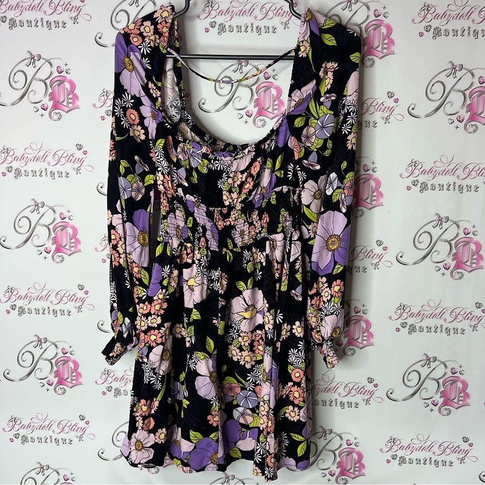 AFRM dress flowers Black green orange Purple Floral long sleeve milkmaid XS